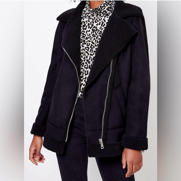 Ann Taylor LOFT Faux Shearling Trim Faux Suede Aviator Coat Black - Picture 1 of 16